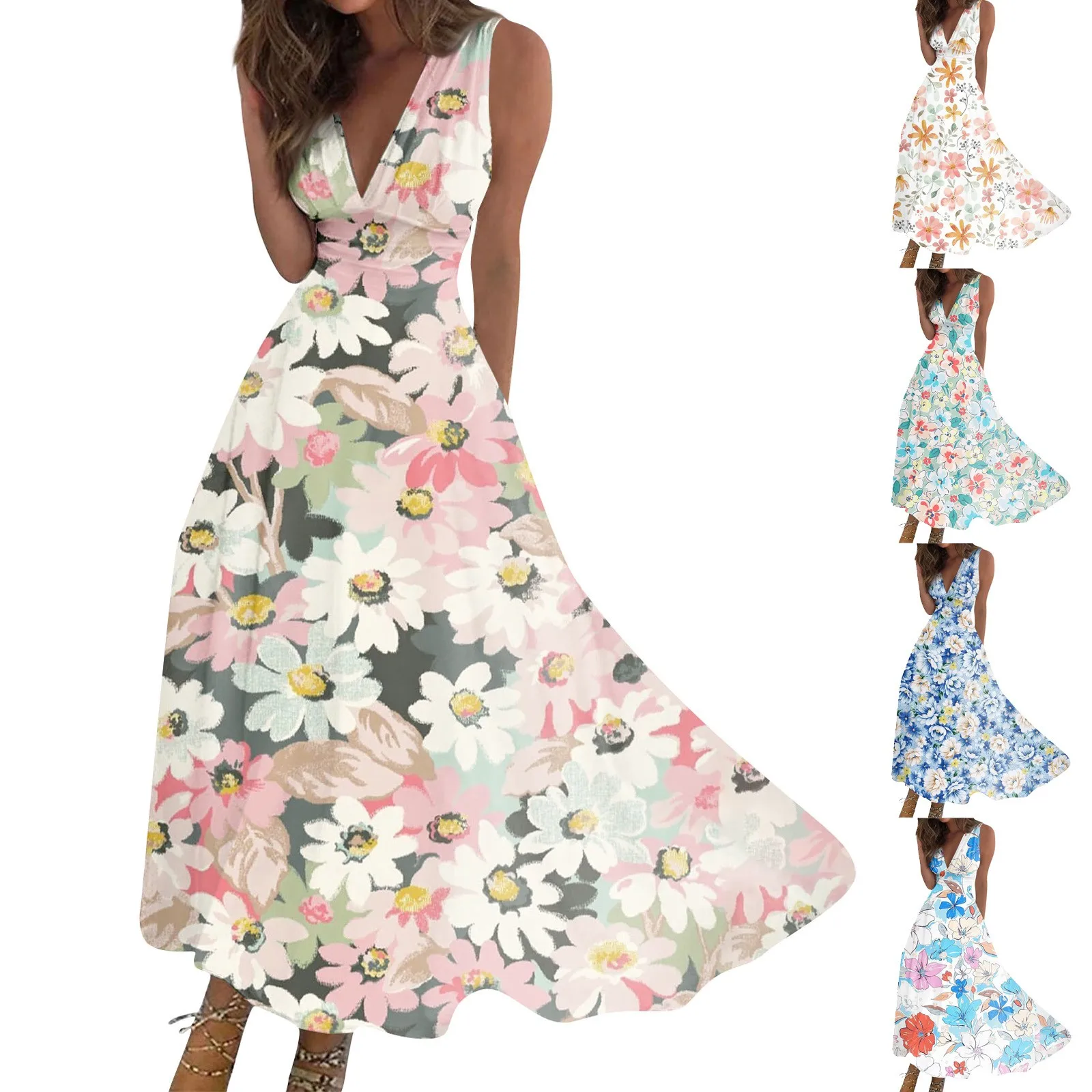 

Women's Long Dress Maxi Casual Summer Casual Sleeveless V Neck Dresses Boho Waist Retraction Printed Dress فساتين السهرة