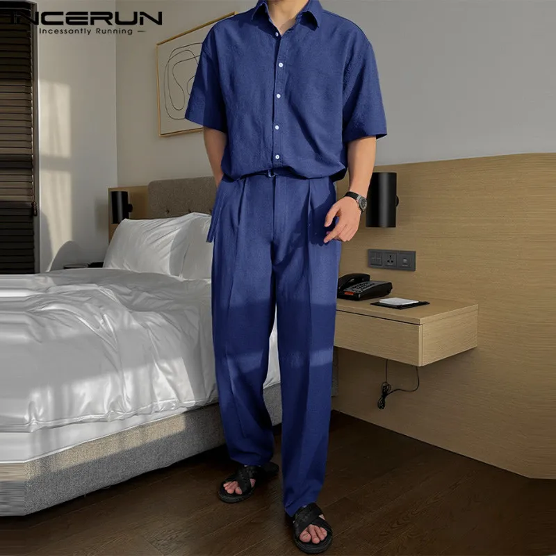 

INCERUN 2024 Korean Style Sets Handsome Men's Solid Short Sleeved Shirts Long Pants Casual Streetwear Male Two-piece Sets S-5XL
