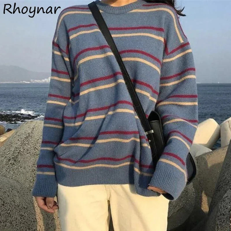 

Striped Pullovers Women Lazy Baggy Cozy O-neck Ulzzang Fashion Students Tender Streetwear Soft Casual All-match Vintage Sweater