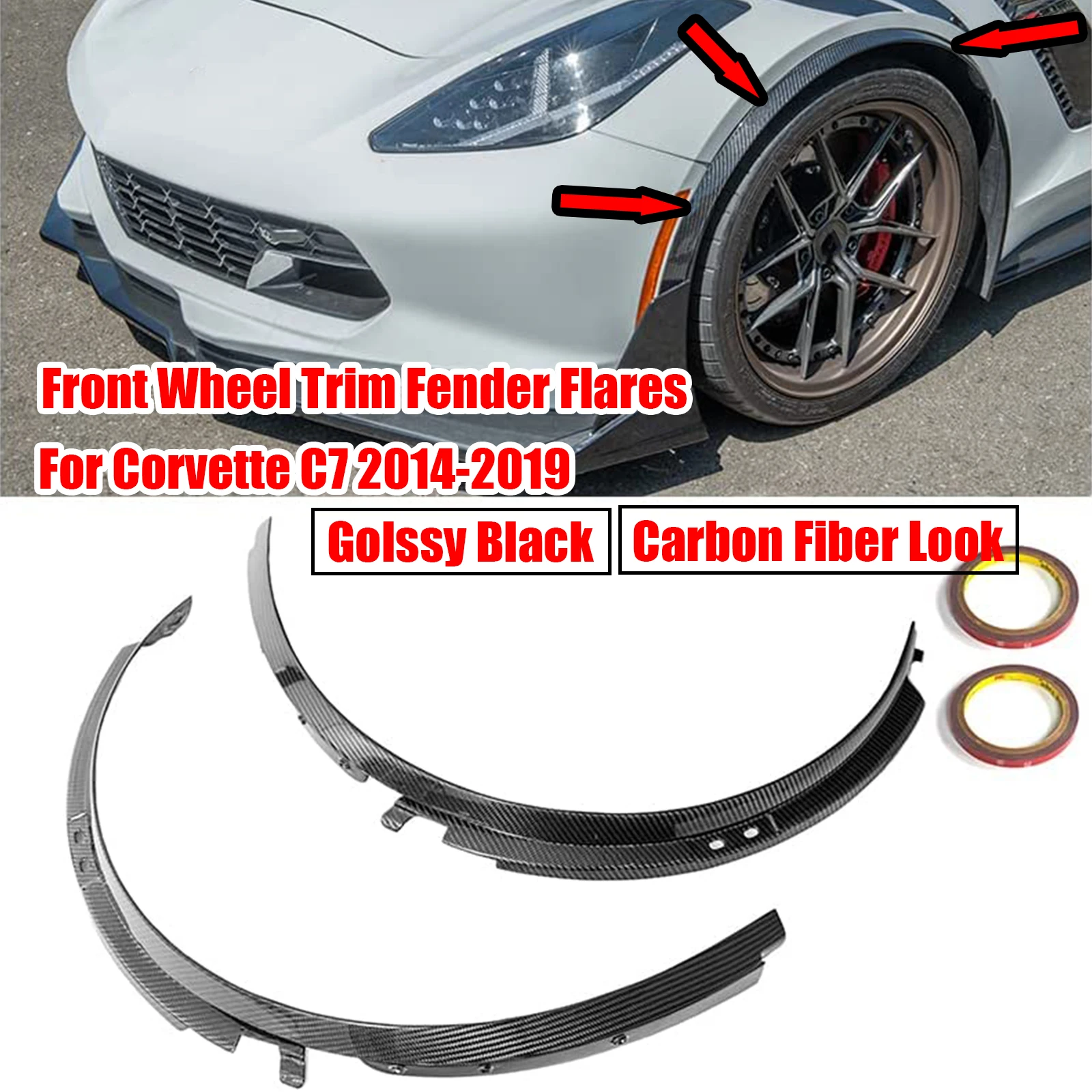 

2Pcs Front Wheel eyebrow Trim Fender Flares For Corvette C7 2014-2019 Glossy Black Carbon Fiber Look