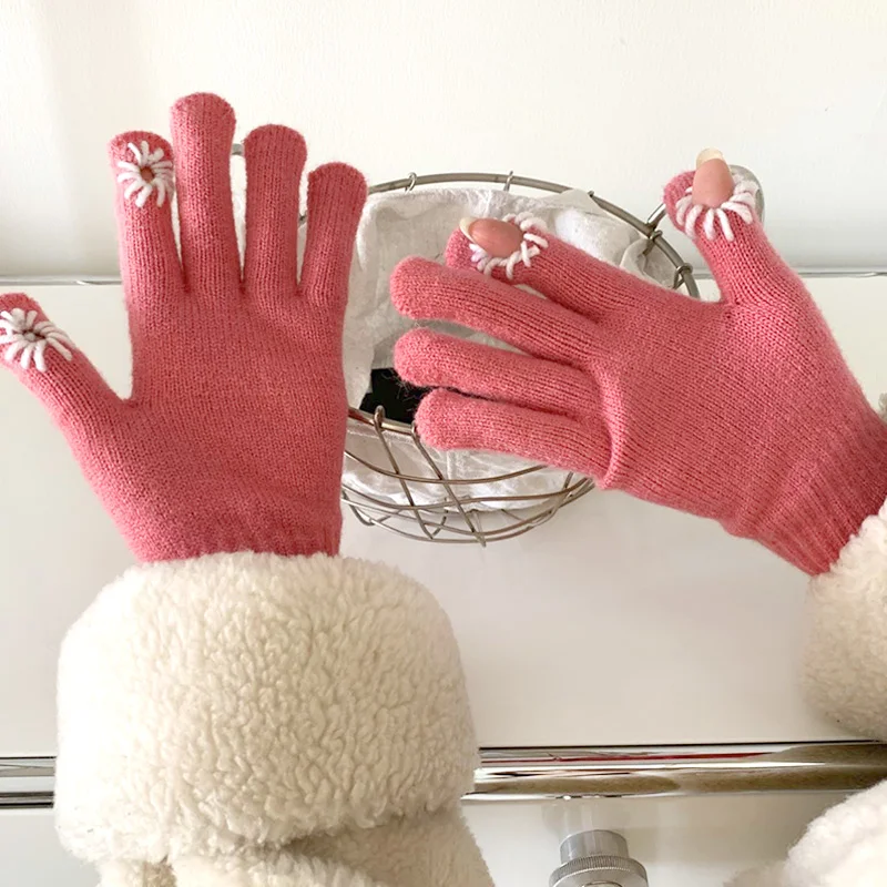 

1 пара вязаные шерстяные перчатки с маргаритками перчатки с закрытыми пальцами женские варежки для сенсорного экрана плюшевые плотные теплые перчатки для езды на велосипеде и вождения для девушек