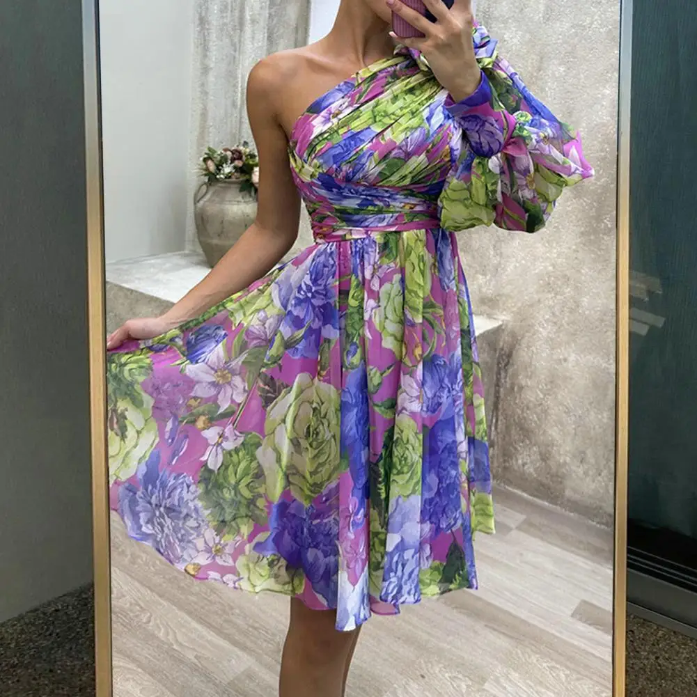 

Party Dress Elegant One Shoulder Tie-dye Evening Dress With Flower Decor Pleated Detail For Party Banquet Or Ball Gown Event