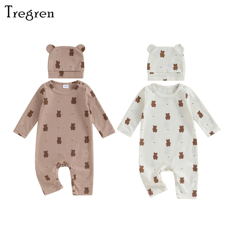 

Tregren 0-18M Infant Baby Girls Boys Rompers Cute Bear Print Crew Neck Long Sleeve Jumpsuit With Hat Toddler Fall Clothes