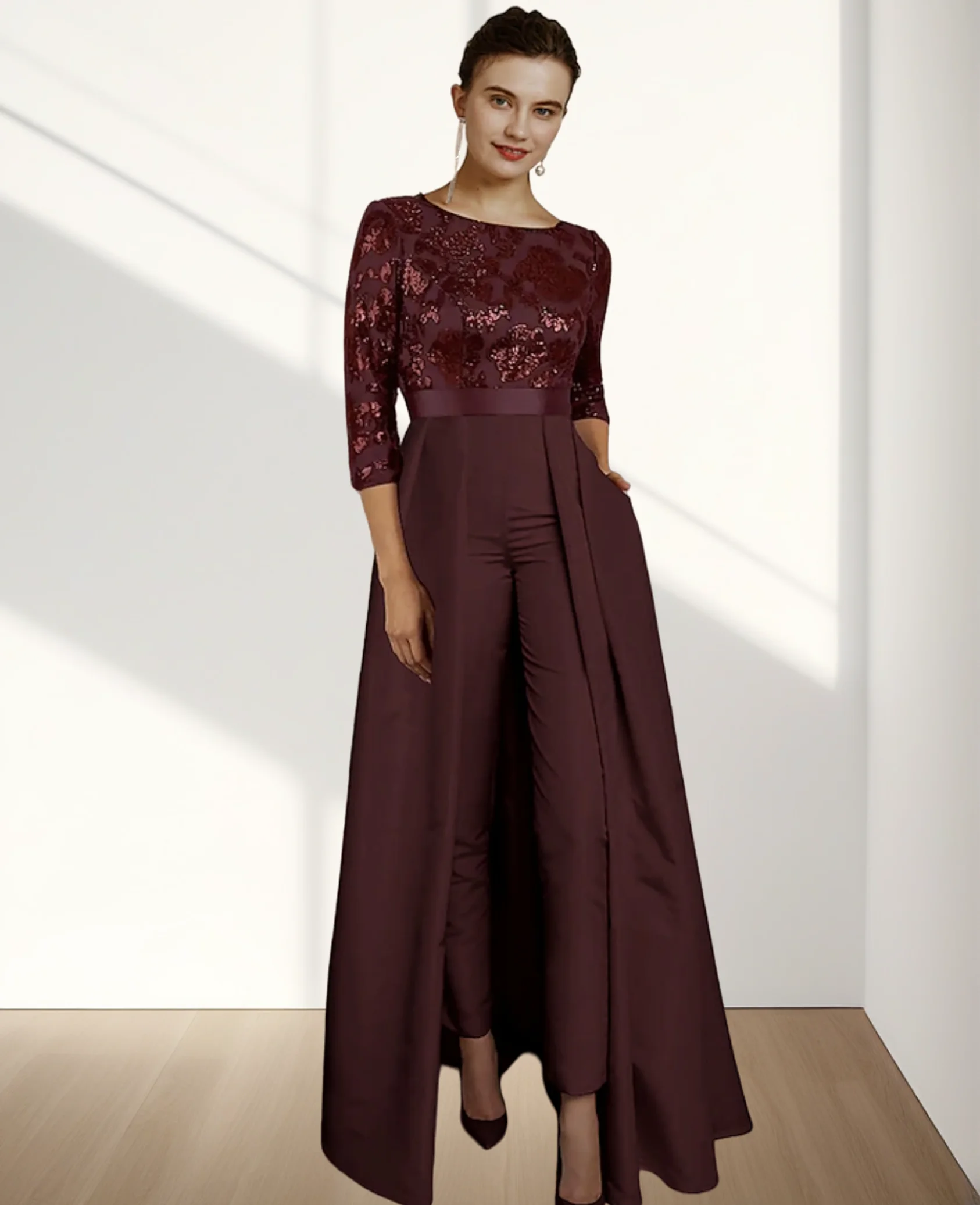 

Jumpsuit / Pantsuit Mother of the Bride Dress Formal Wedding Guest Elegant Floor Length Lace Sequined 3/4 Length Sleeve 2024