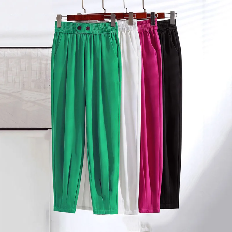 

New Pocket Solid Color Ice Silk Pants Women Summer 2022 Thin High Waist Ladies Loose Leisure Nine Points Harem Pants Female