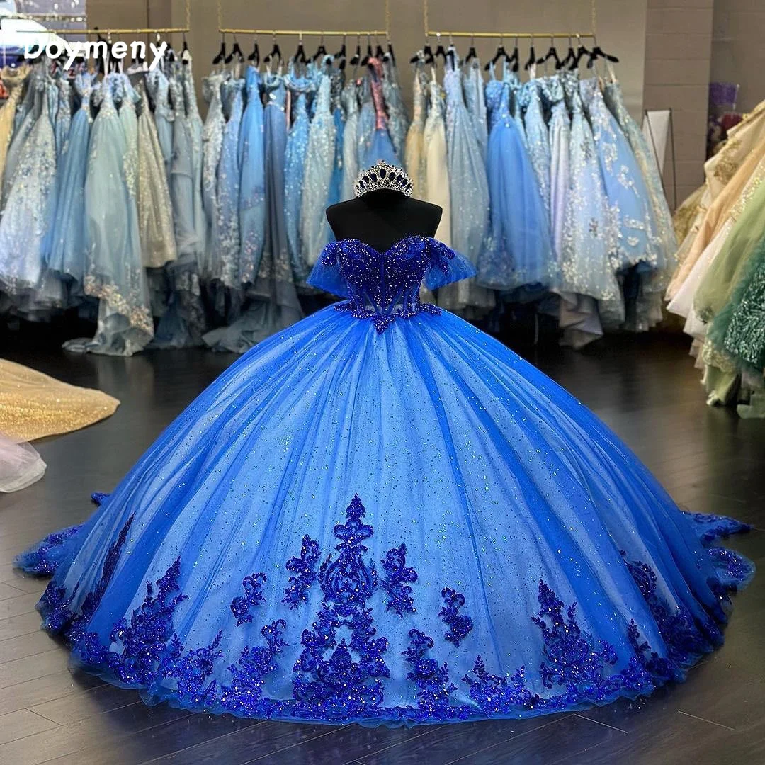 

Doymeny Appliques Beaded Quinceanera Dress Off Shoulder Sparkling Tulle Sweep Party Dress Sweet 15 vestidos de 15 quinceañe