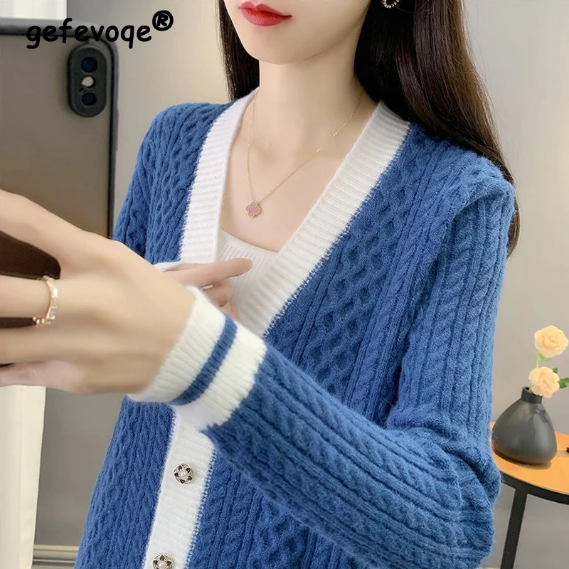 Women Korean Style Contrast Color Patchwork Single Breasted Knitted Cardigan Trendy Twists V Neck Long Sleeve Loose Sweater Coat 
Women Korean Style Contrast Color Patchwork Single Breasted Knitted Cardigan Trendy Twists V Neck Long Sleeve Loose Sweater Coat