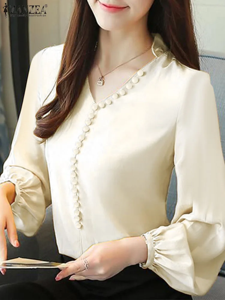 

Весна 2024, однотонная блузка ZANZEA, Повседневная Свободная Корейская Женская Офисная рубашка, элегантные топы с длинным рукавом-фонариком и V-образным вырезом