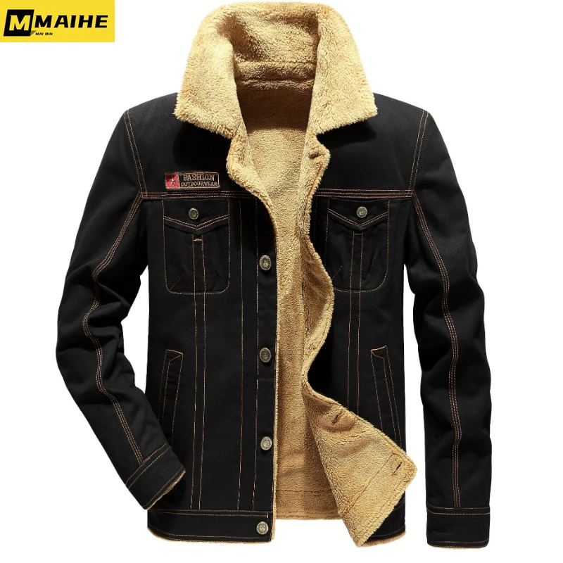 

Winter Military-inspired Denim Jacket Men's vintage fur One-piece Coat Field Tactics long-sleeved warm pilot cotton-padded coat