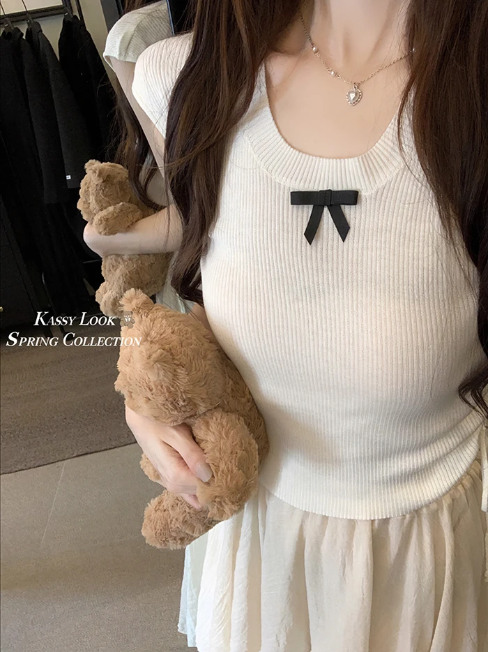 Bow tie round neck short-sleeved women's tops knitwear women y2k t-shirt summer Korean sweet gentle drawstring ruffles Slim tops
Bow tie round neck short-sleeved women's tops knitwear women y2k t-shirt summer Korean sweet gentle drawstring ruffles Slim tops