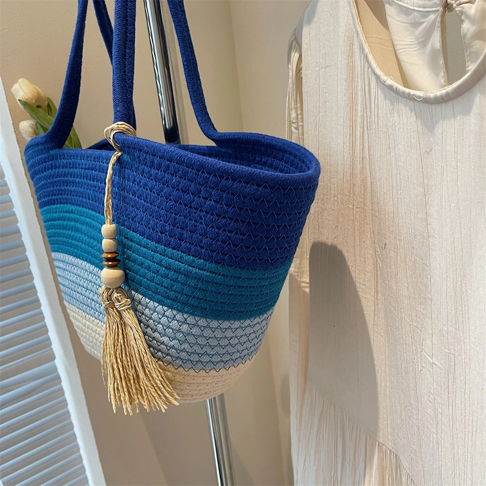 Striped Cotton Rope Tote with Tassel 15 S0e8eb2402b6b4c7697e6e3aaf6b8624ei