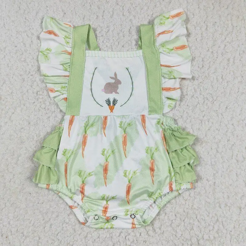 

New updated RTS flutter sleeve infants green spring clothes boutique baby girls easter toddlers newborn bunny rompers