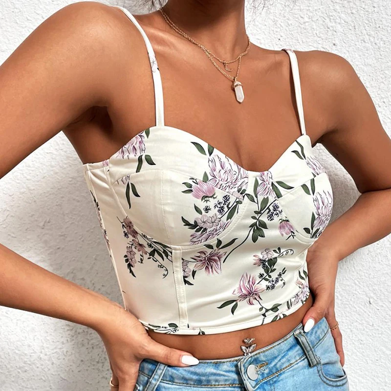 

Sexy Tank Top White Floral Print Crop Tops Women Summer Camis Backless Camisole Fashion Strapless Tube Top Female Cropped Vest