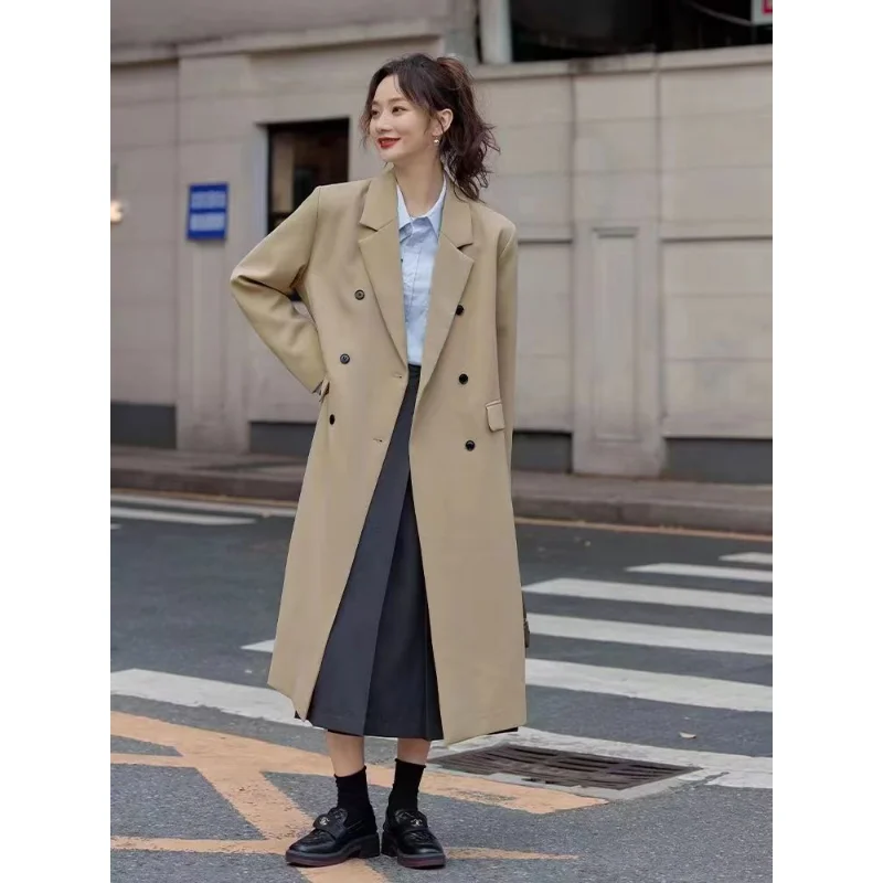 

2023 New Early Autumn Senior Sense Long Gray Suit Jacket Loose Commuter Temperament College Style Solid Color Trench Coat Woman