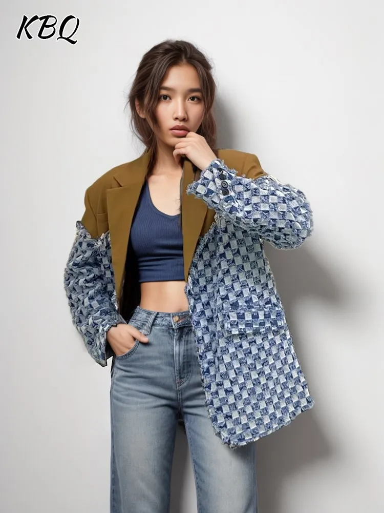 

KBQ Spliced Raw Hem Hit Color Denim Coat For Women Notched Collar Long Sleeve Single Breasted Patchwork Pocket Jacket Female New