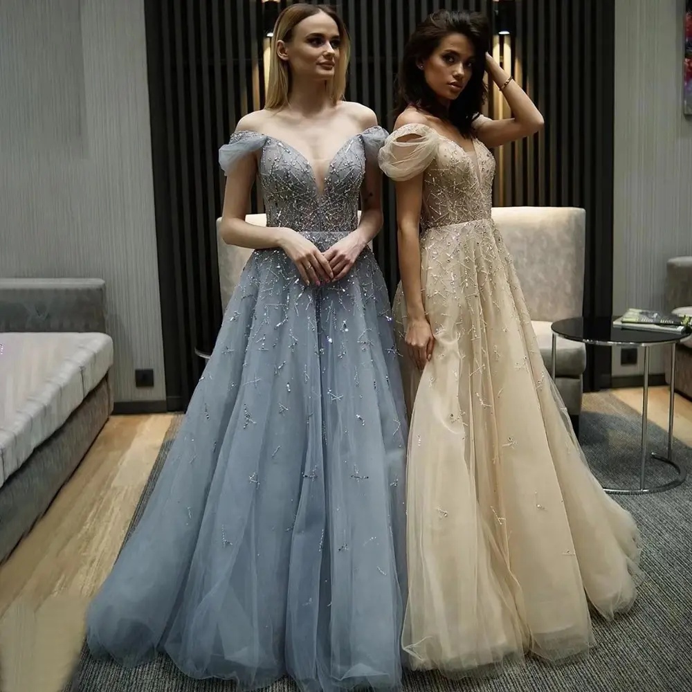 

Fsahionvane Lace Dusty Blue Prom Dresses Appliques Wedding Party Dress A Line Tulle Formal Evening Gowns for Women 2024 vestido