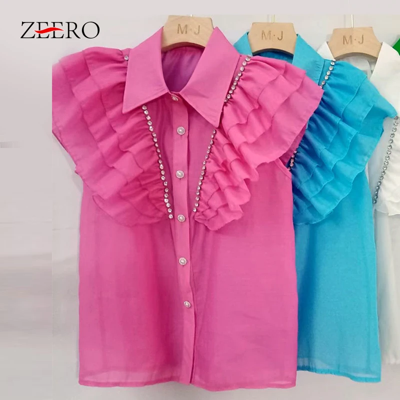 

Женские милые розовые однобортные рубашки с оборками и бриллиантами, летние женские топы с летящими рукавами Y2k, блузка со сказочным сердечком, блузы для женщин