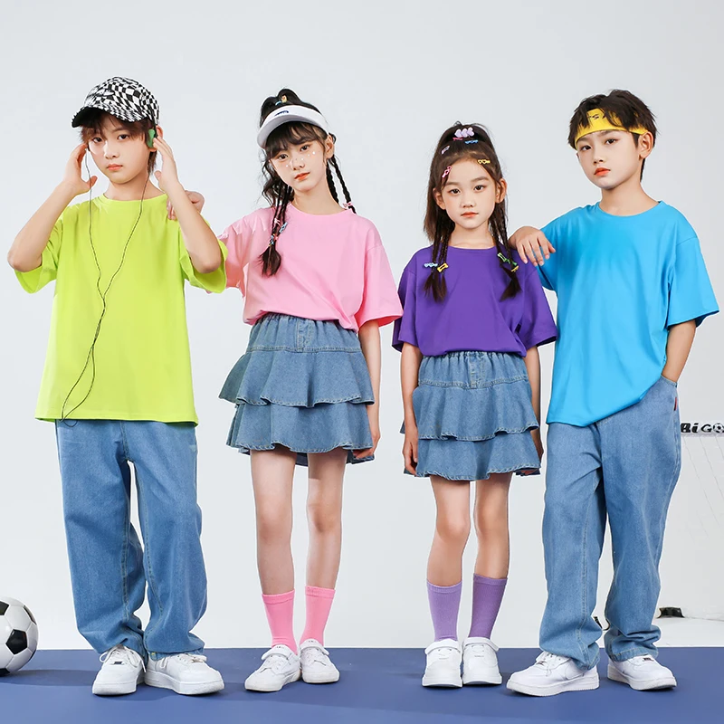 

Джинсовый комбинезон в стиле хип-хоп для мальчиков и девочек, футболка карамельных цветов, Детские джоггеры, одежда для уличного танца, подростков, чирлидинга