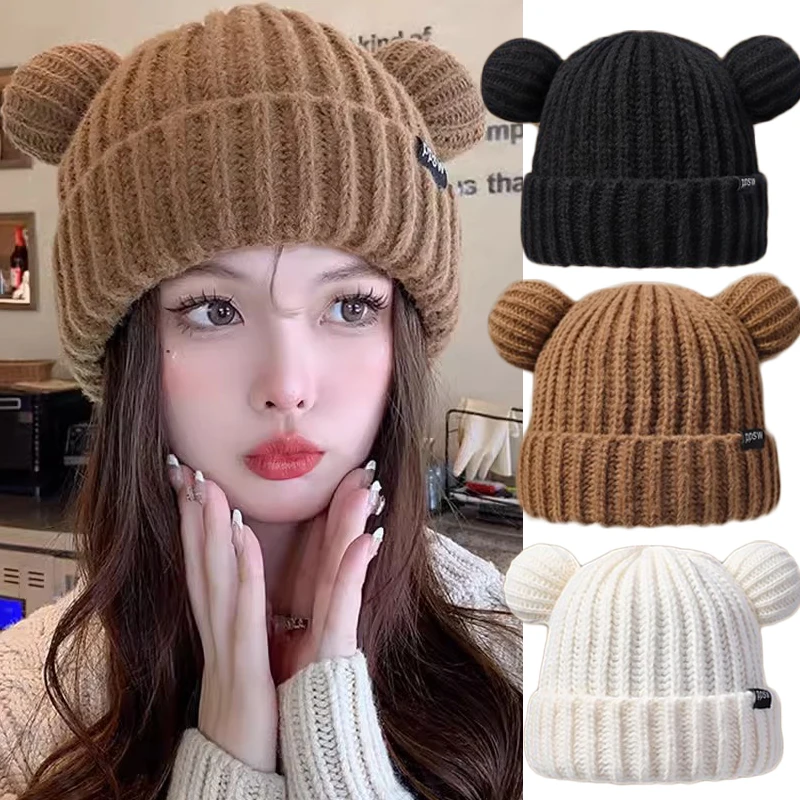 

Lovely Women's Fashion Knitted Hat Caps Cute Bear Ears Adult Soft Plush Thickened Outdoor Ear Protection Warm Hat Female Hat