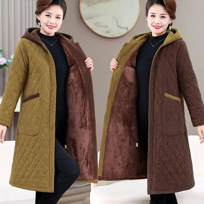

New Middle Age Women's Cotton Clothes Winter Plus Fleece Thickened Warm Padded Jacket Female Long Hooded Parker Overcoat 5XL