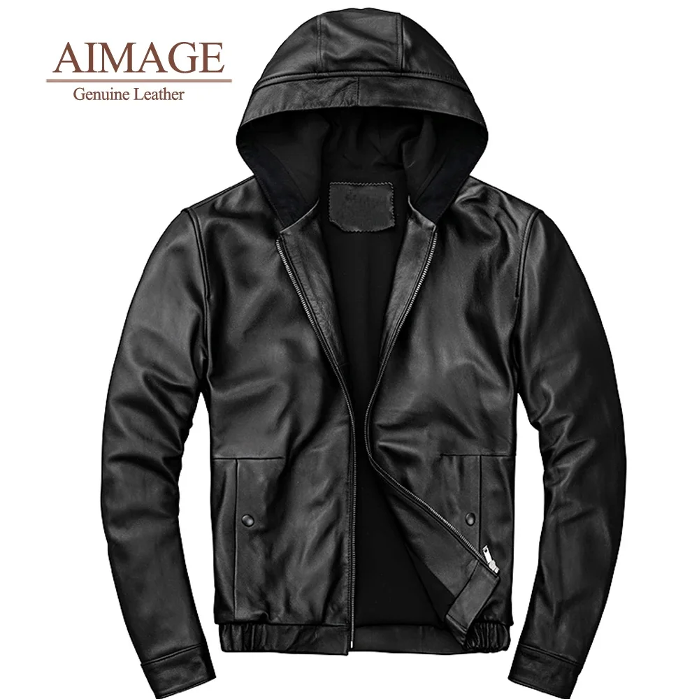 

2024 autumn new 100% real sheep skin Jacket men's simple hooded Genuine leather coat парка мужская PY053