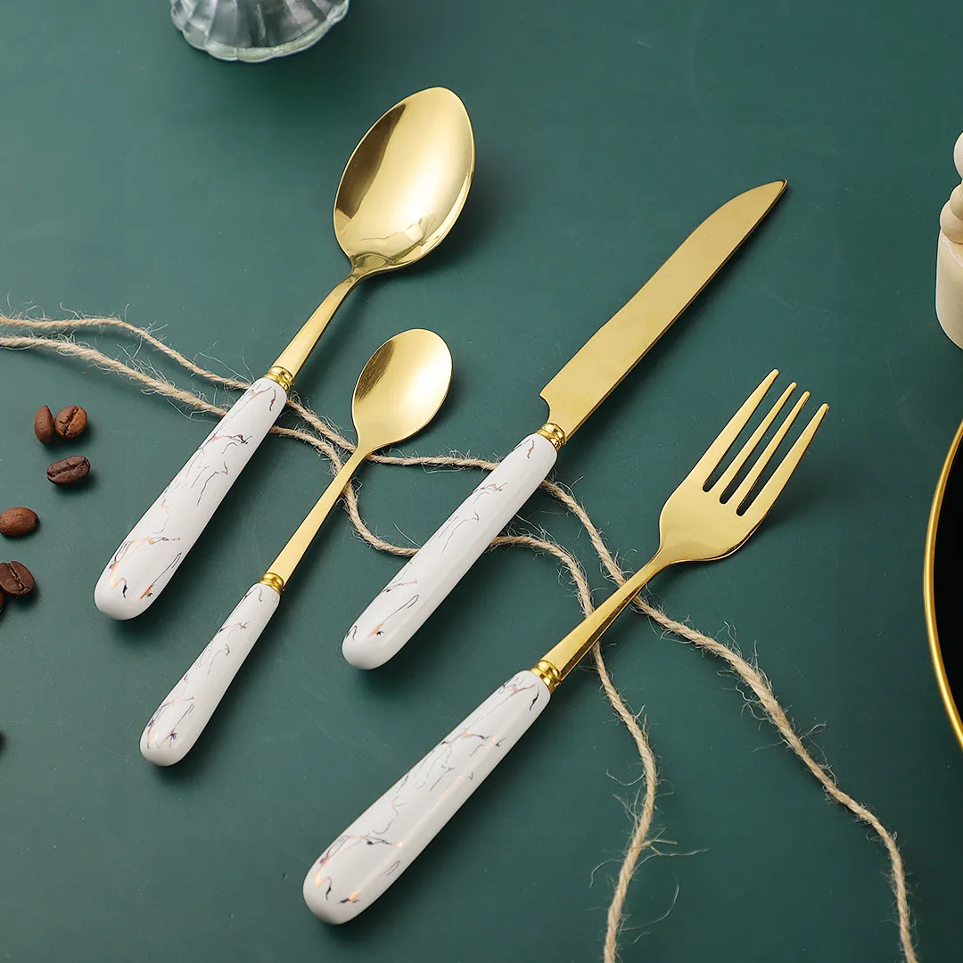 Ceramic Handle White Gold Cutlery Set Stainless Steel Dinnerware 24Pcs Knives Forks Coffee Spoons Kitchen Dinner Tableware Set
Ceramic Handle White Gold Cutlery Set Stainless Steel Dinnerware 24Pcs Knives Forks Coffee Spoons Kitchen Dinner Tableware Set