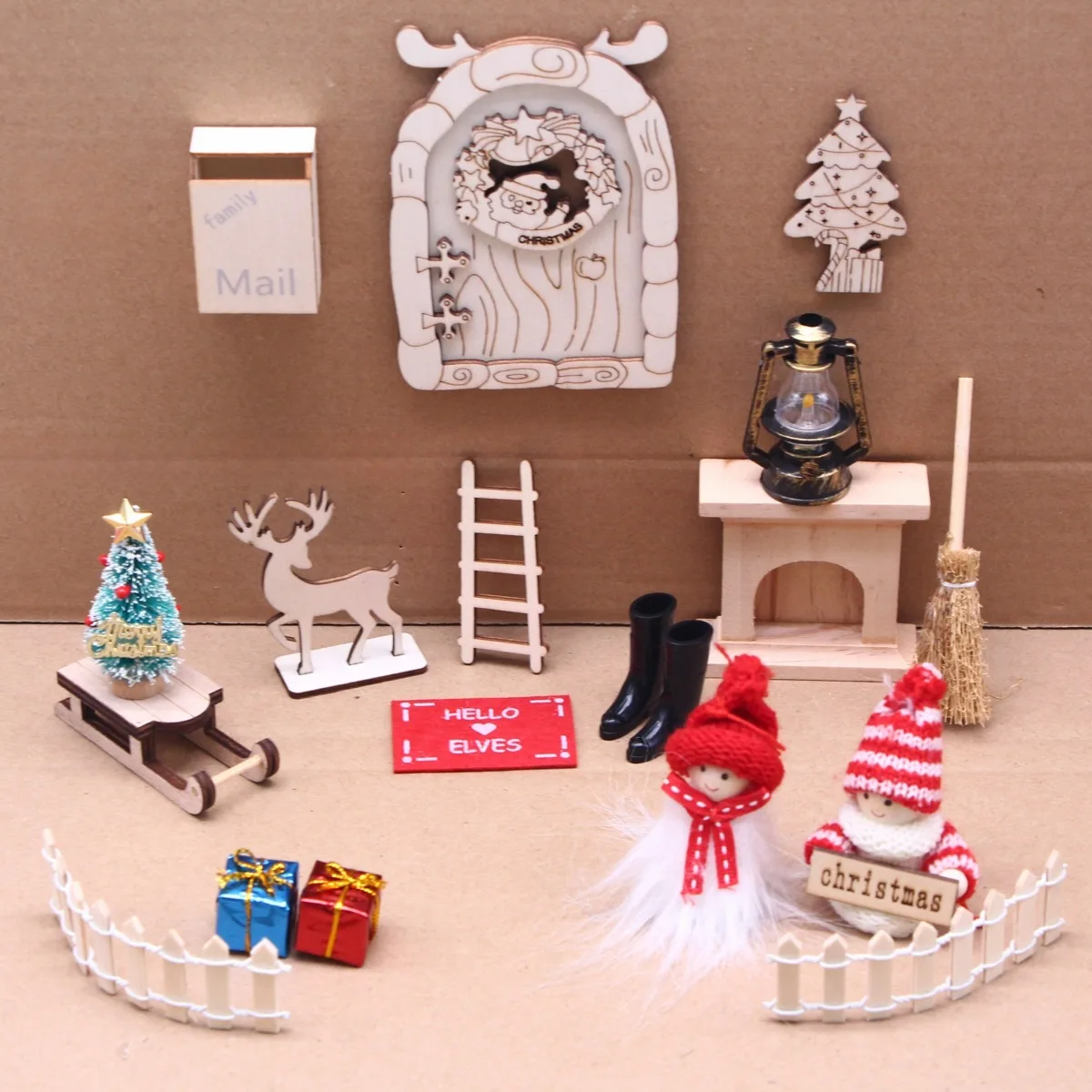 

DollHouse Elf Door Christmas Decor Doll Elk Sled Mini Tree Oil Lamp Mailbox Gift Box Fairy Toyhouse Miniature Scene Model