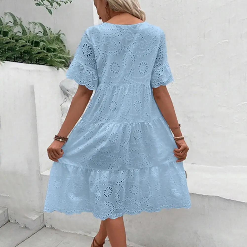 

Women Dress Elegant Embroidered Midi Dress with Hollow Out Detail A-line Silhouette for Summer Beach Vacation Style Solid Color