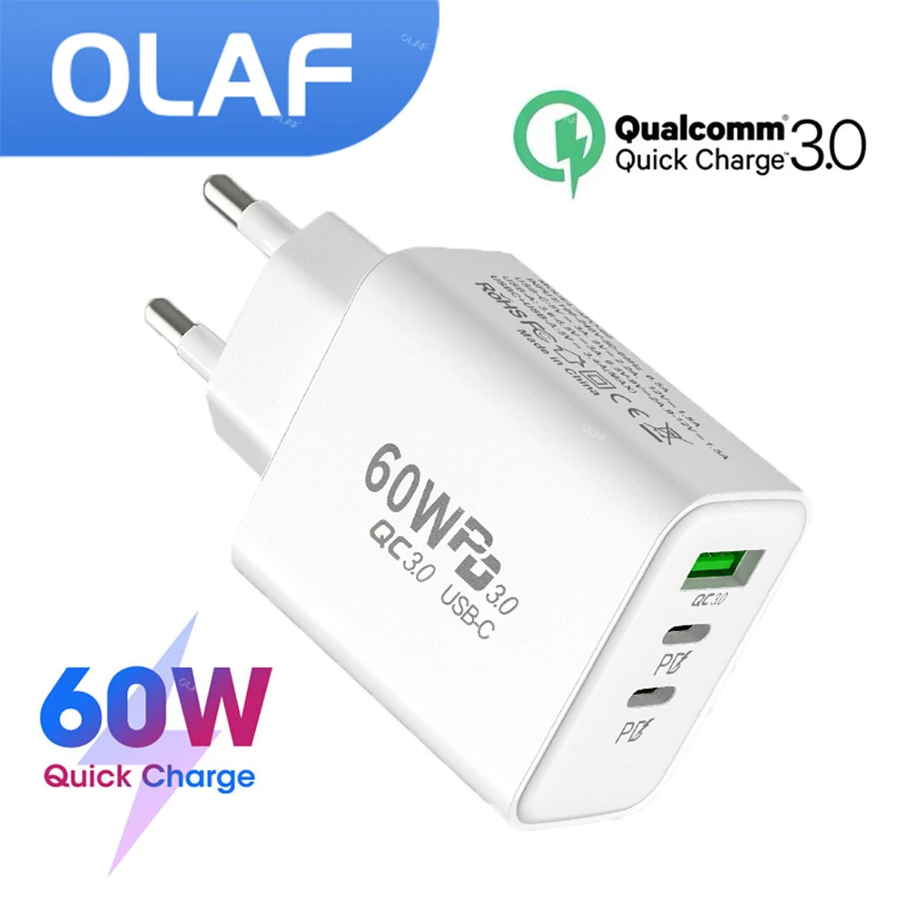 

Olaf USB C Charger 60W PD Fast Charging Charger QC 3.0 3 Port Type C Mobile Phone Charge Power Adapter for Samsung Xiaomi iPhone