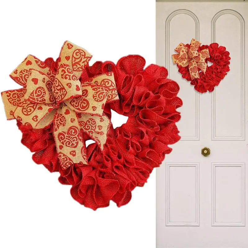 

Венки на День святого Валентина для входной двери романтический декор на дверь в форме сердца на День святого Валентина с бантом и красной мешковиной 13,38 дюймов гирлянда