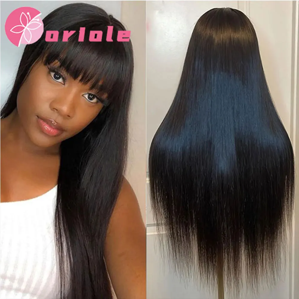 

100% Human Hair Wigs Straight Hair With Bang Fringe For Women Brazilian Bob Wig Glueless Full Machine Made With Bangs 30 Inch