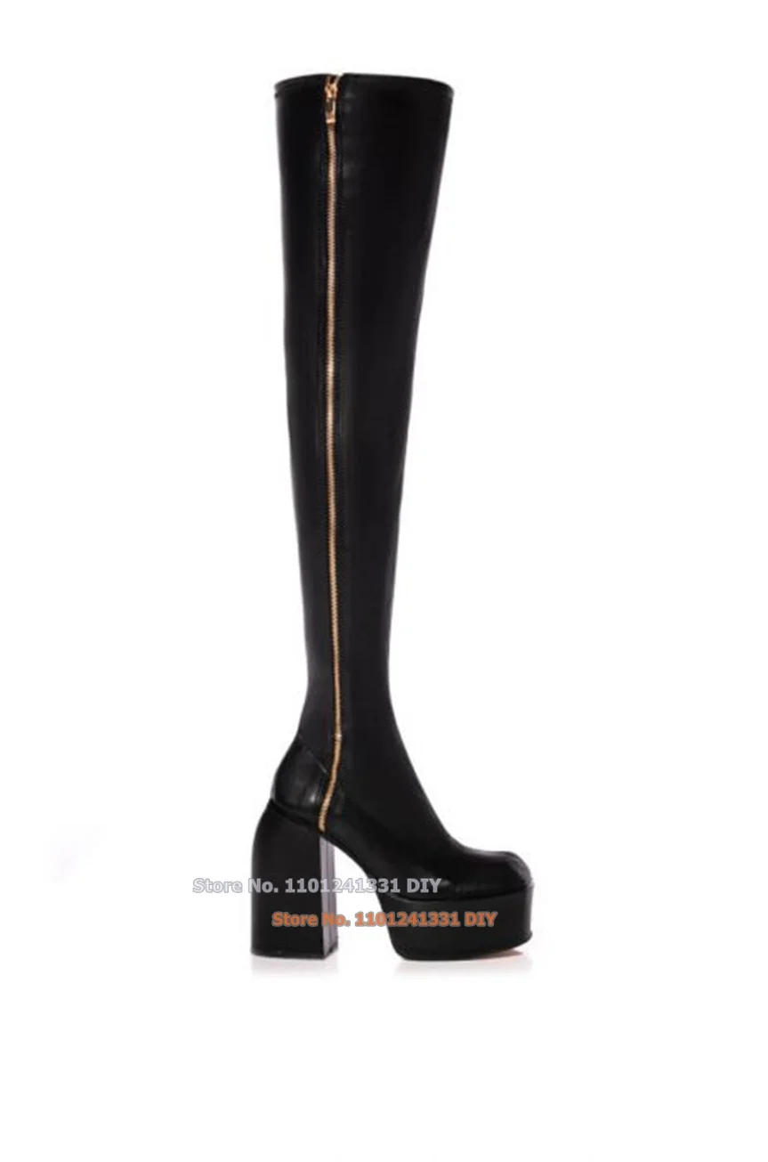 

Over The Knee Pu Boot In Black Superior Thigh High Thick Platform Ultra Chunky Heeled Squared Toe Stretchy Zipper Long Boot