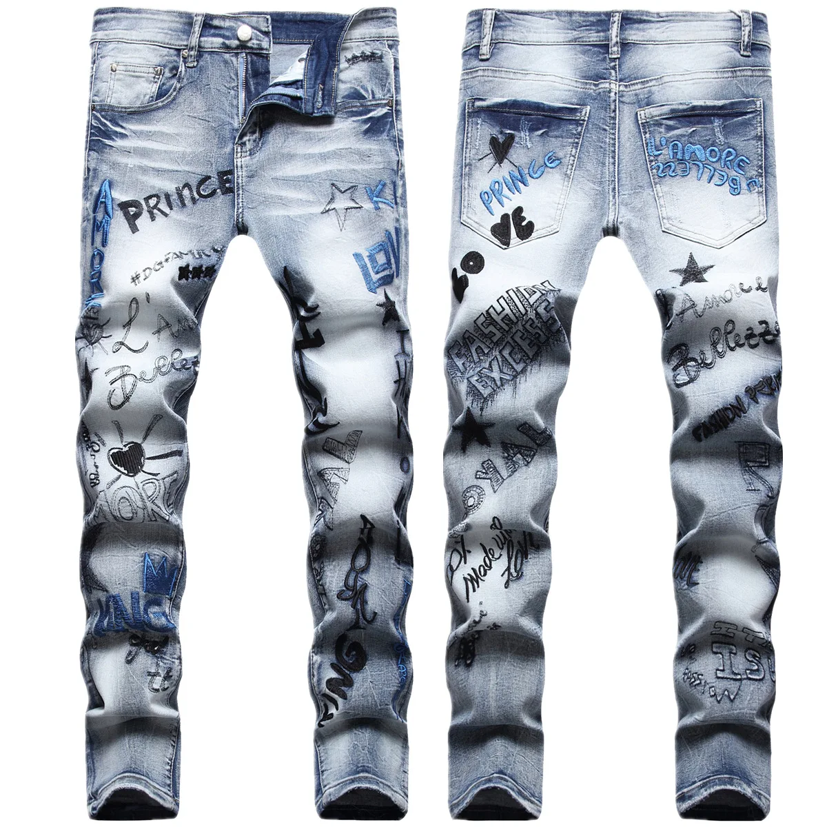 

Hip hop street style daily super bull before and after heavy embroidery elastic slim straight leg jeans men