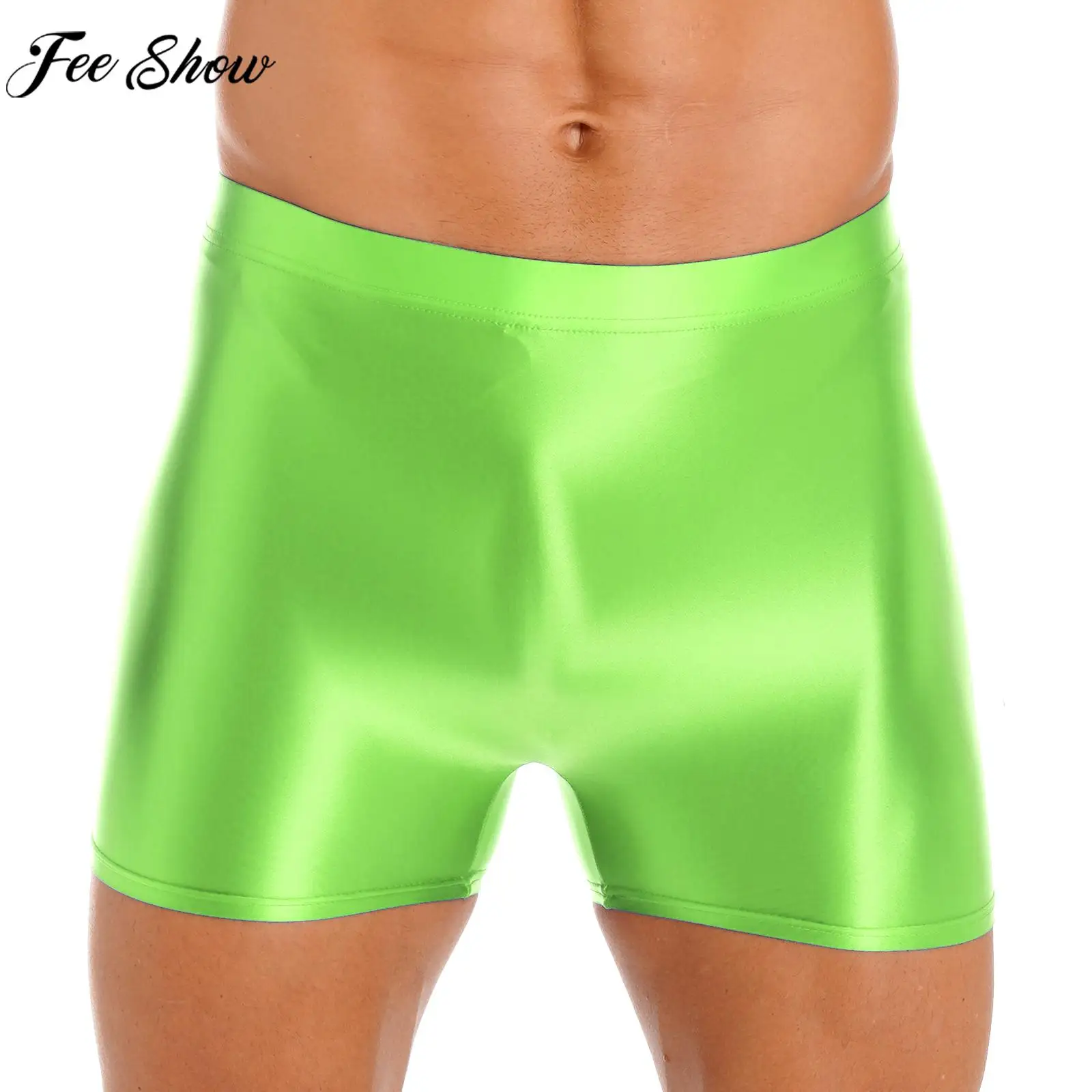 

Mens Glossy Mid Waist Shorts Swimming Trunks Swimsuit Elastic Waistband Solid Leggings Fitness Sportswear Swimwear Beachwear