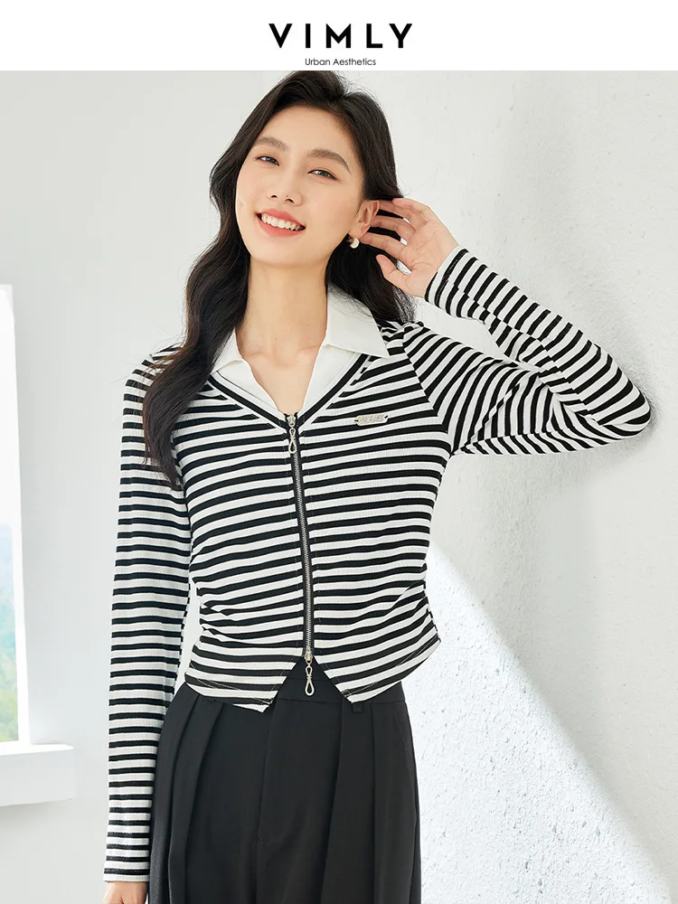 

Vimly Contrast Shirt Collar Women's T-Shirt 2023 Autumn Fashion Black White Striped Zipper Long Sleeve Tops Tshirts Woman 30001