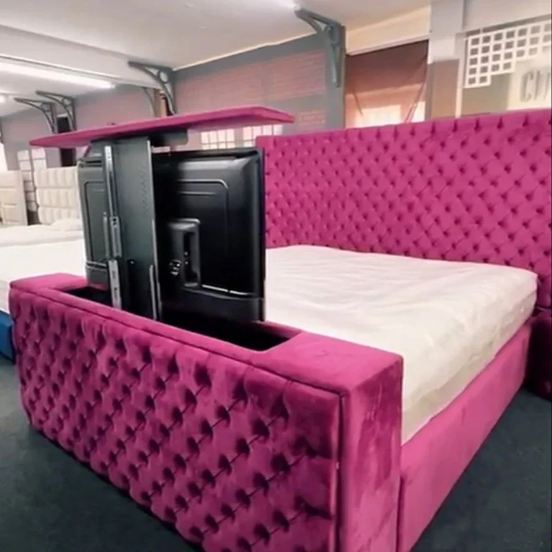 

Custom OEM Double Queen Size Upholstered Velvet Square Storage Bed with Build in TV Lift Footboard King Size TV Bed
