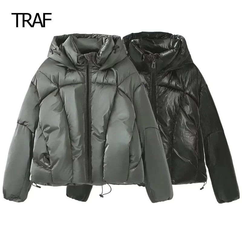 

TRAF Women's Feather Coats Autumn Winter Metal Down Jackets Long Sleeve Top New In Outerwears Demi-Season Warm Quilted Jacket