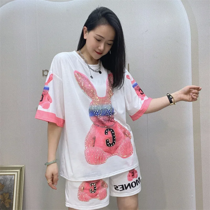 

2024 Spring Two Piece Sets Womens Outfits Cartoon Diamonds Loose Tracksuit Casual Knitting Tops and Shorts Conjunto Feminino