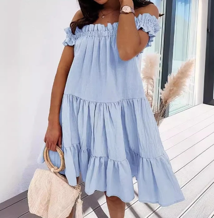 

Casual Dresses for Women 2024 Blue Bohemian Style Solid Color Loose Ruffle Slash Neck Pleated Off Shoulder Mini A Line Dress