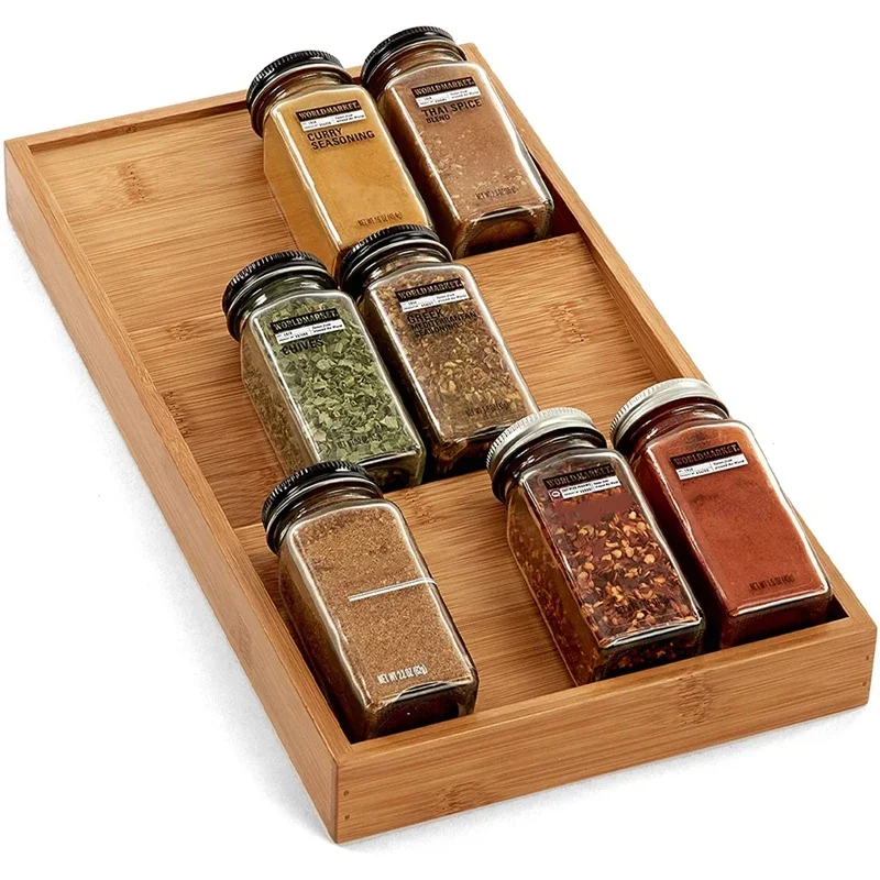 

3-tier Natural Bamboo Spice Rack Cabinet Drawer Box Tray Seasoning Jars Holder Container Shelf Kitchen Organizer Accessories