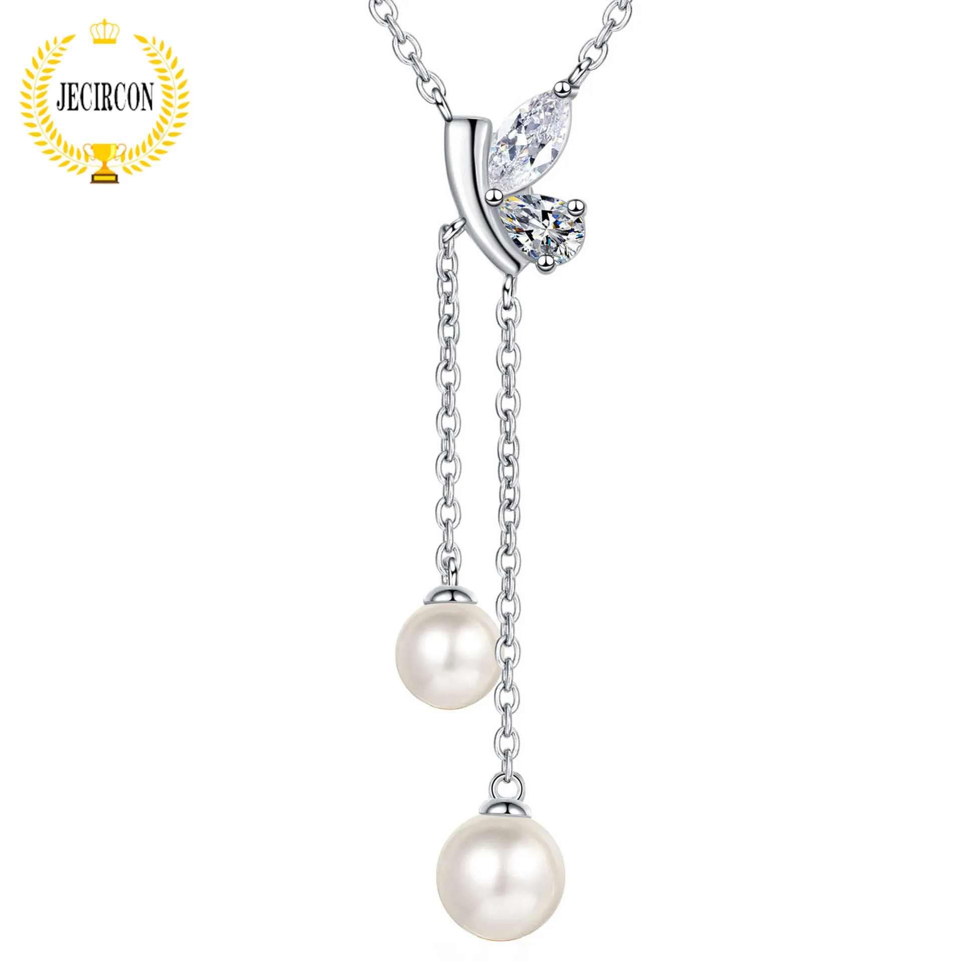 

JECIRCON 925 Sterling Silver Necklace for Women 1 Carat Moissanite 6MM 8MM Freshwater Pearl Double Pendant Fashion Neck Chain