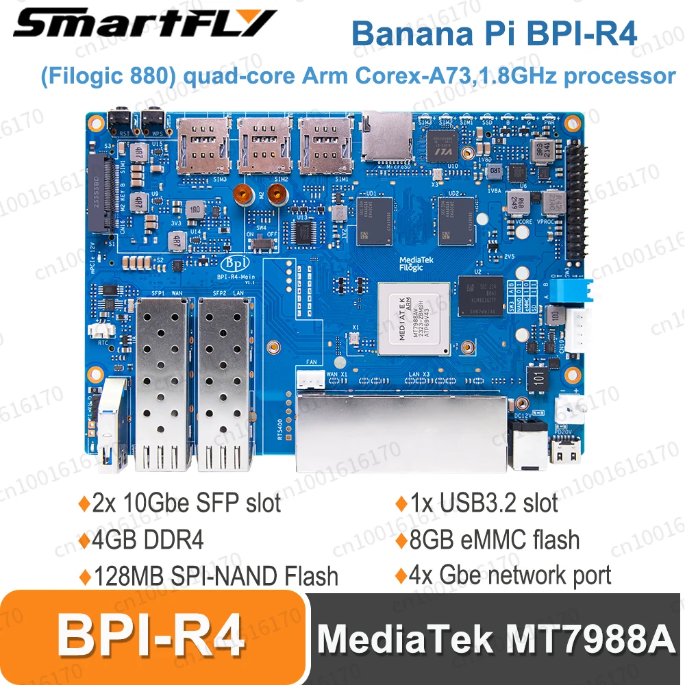 

Banana Pi BPI-R4 плата маршрутизатора MediaTek MT7988A (Filogic 880) 4-ядерный ARM Corex-A73 WiFi7 iPA NIC модуль 4x Gbe сетевой порт