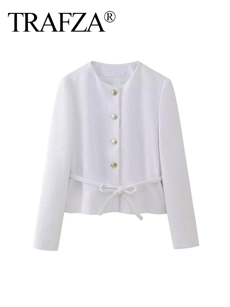 

TRAFZA Female Fashion Casual Coats White O-Neck Long Sleeves Lace-Up Decoration Single Breasted Spring Blazers Woman 2024 Trendy