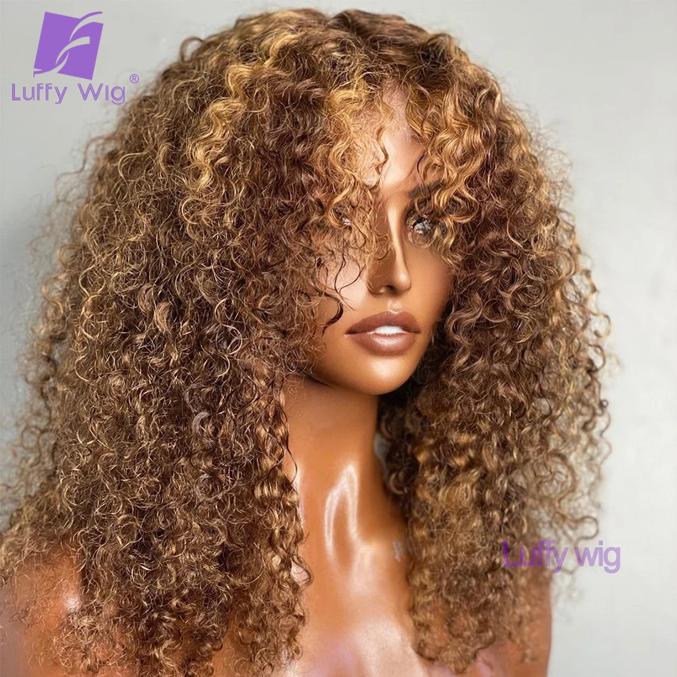 

Afro Kinky Curly Highlight Human Hair Wig With Bangs Brazilian Remy Scalp Top Bang Wigs Blonde Glueless For Black Women Luffywig