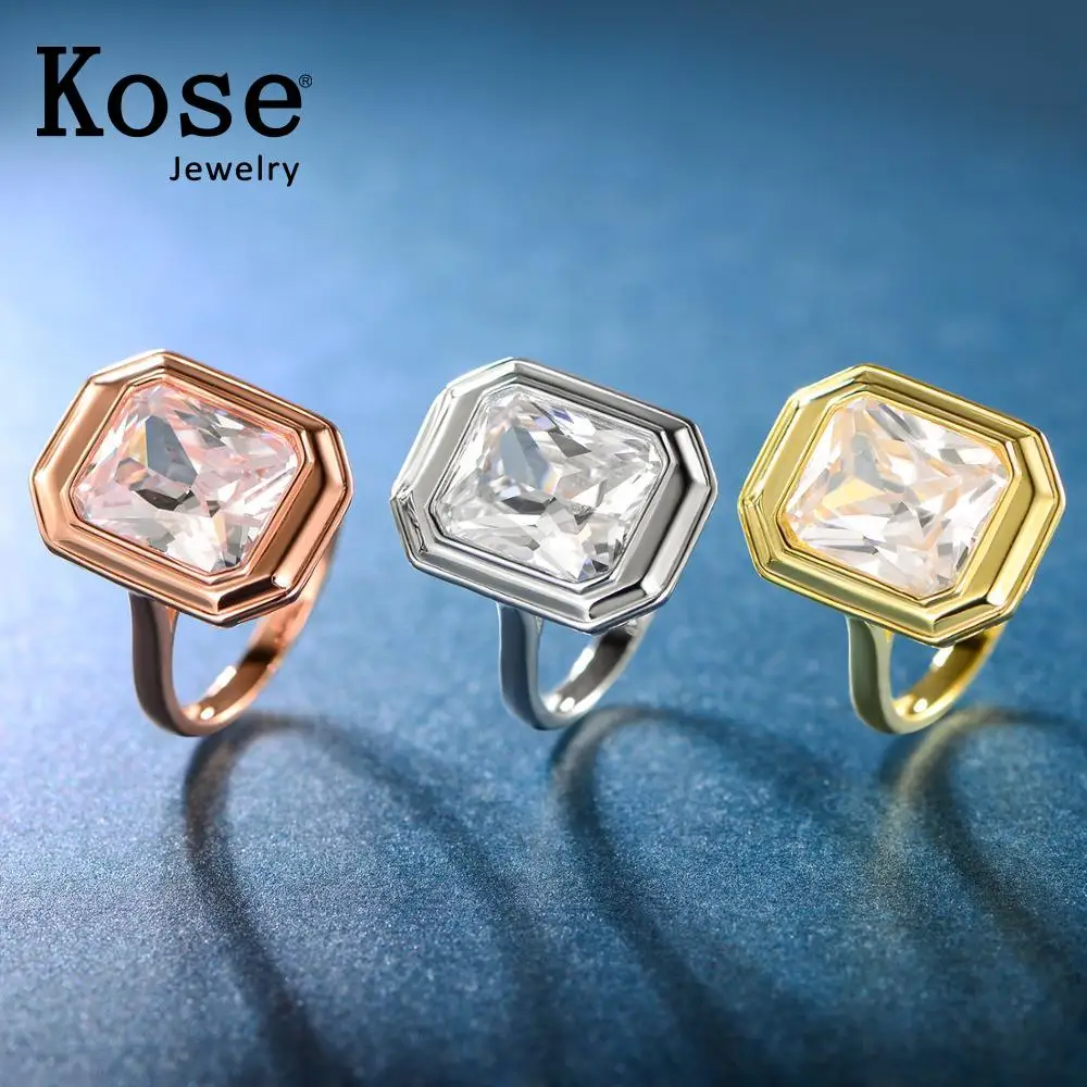 

KOSE 925 Sterling Silver Ring Rectangular Bezel Set Zirconia Ring Women's Cocktail Party Jewelry Free Shipping