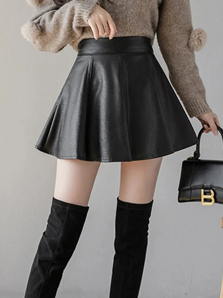

Autumn Fashion Women's Unique Zippered PU Pleated Skirts Winter Slim Fit High Waisted Casual Mini Leather Skirt Solid Color