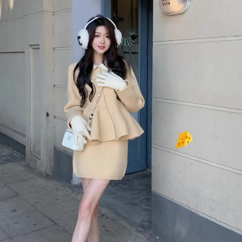 

Sweet Doll Neck Knit Cardigan Skirt Two-piece Set Women Fashion Korean Flounce College Celebrity Slim Winter Sweater Chic Suit