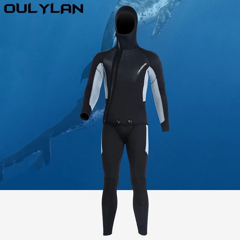 

Oulylan Spearfishing Wetsuit Long Sleeve Hooded 2 Pieces Of 5MM Neoprene Submersible Suit Men Keep Warm Waterproof Diving Suit