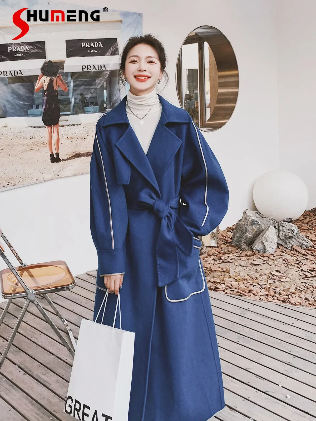 

Gentle Royal Blue Woolen Coat for Women Autumn and Winter New Temperament Goddess Hepburn Style Mid-length Woolen Overcoat