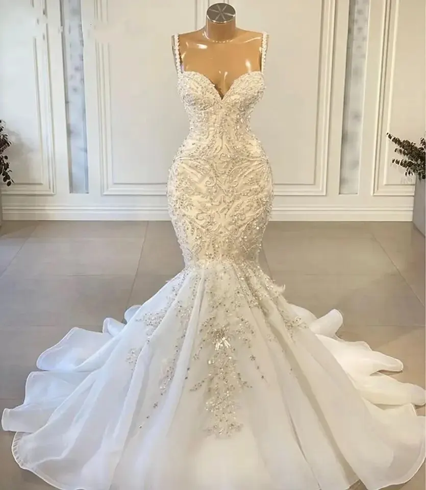 

Custom Made Luxury Mermaid Wedding Dresses 2023 Sweetheart Beads Lace with Straps Sexy Vintage African Woman Bridal Wedding Gown